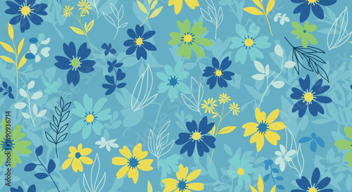A collection of delicate blue and yellow floral patterns adorned with light green accents and white leafy motifs