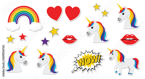 Magical unicorn rainbow hearts stars and kisses stickers for creative projects and decorations