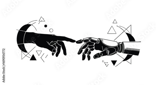 Human hand reaching out to touch a robotic hand, symbolizing future connection and technology.