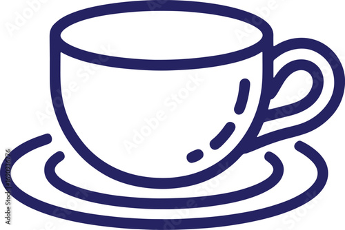 A cup of coffee on a saucer, simple line art illustration in blue color