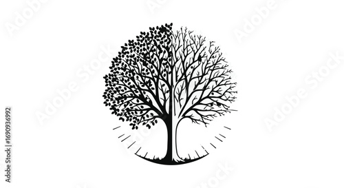 Symbolic tree split between lush foliage and bare branches, representing change and duality.