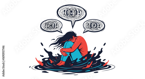 The inner turmoil of a person experiencing overwhelming thoughts and intense emotional distress causing isolation