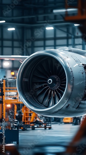 Close up view of a jet engine in a hangar with visible turbine blades and maintenance equipment nearby