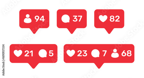 Social media notification icons set with followers, likes and comments counters. Red pop up bubble design isolated on white background for digital marketing, community engagement and interaction