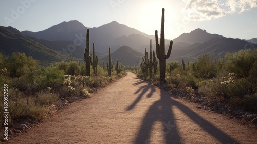 Desert path at sunset, cacti, mountains