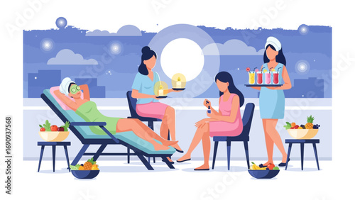 Relaxing spa evening with friends enjoying beauty treatments and refreshments under the moonlight on a rooftop terrace