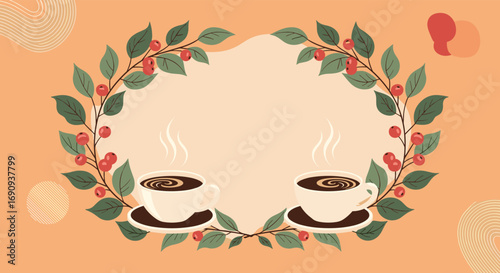 Cozy morning coffee break with delicious warm beverages surrounded by festive greenery and delicate ornaments