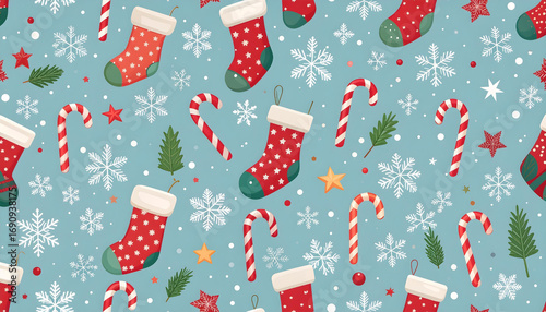 Festive pattern featuring Christmas stockings, candy canes, and snowflakes on a light blue background