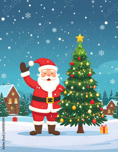 Santa Claus celebrating Christmas with a decorated tree in a snowy village setting during the holiday season