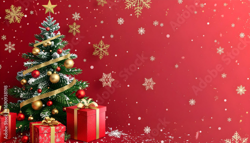 Festive Christmas tree decorated with ornaments and gifts against a vibrant red background