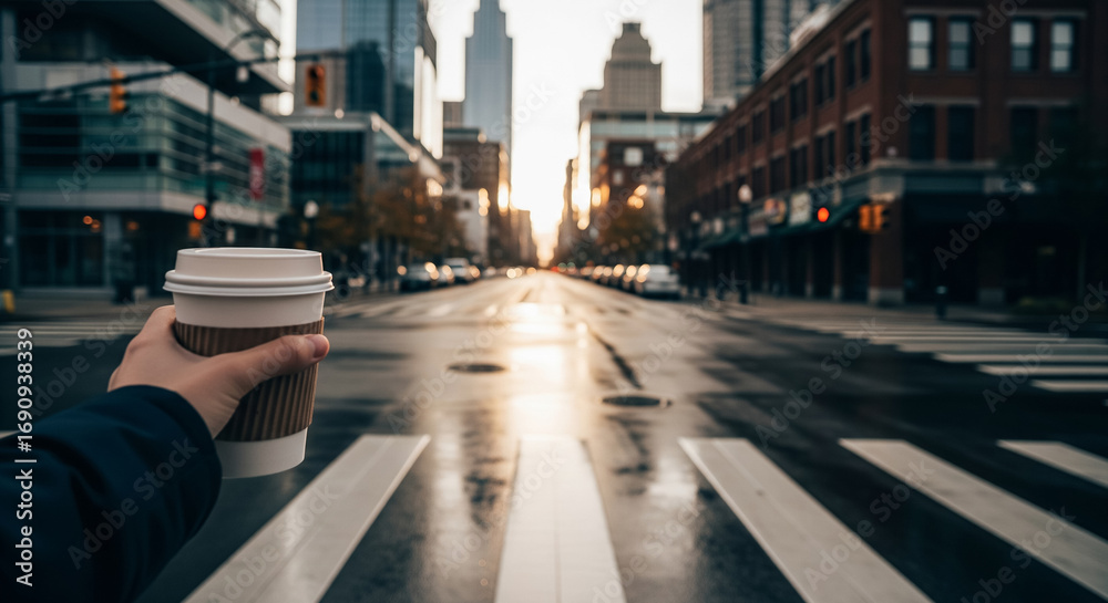 Obraz premium Morning Coffee on Empty City Street at Sunrise