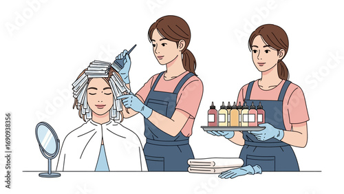 Two female hairdressers in aprons meticulously applying hair dye to a client s foil wrapped hair with a brush while another holds a tray of colorful hair products