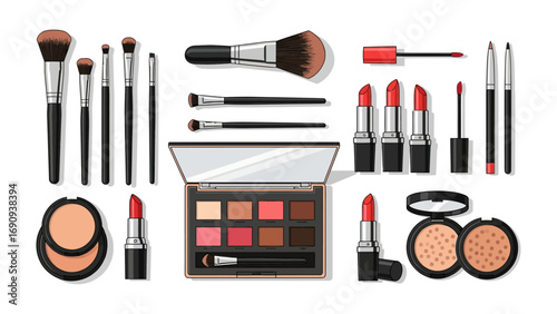 Collection of professional makeup artist tools and cosmetics including brushes lipsticks eyeshadow palette and powder compacts arranged neatly for beauty and glamour photography
