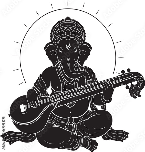 Ganesha Playing Veena Musical Instrument with Radiant Halo Keywords: Ganesha, elephant god, playing