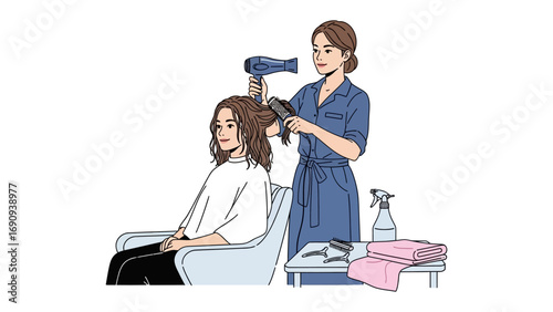 A skilled hairdresser styles a client s long brown hair with a hairdryer and comb in a bright salon setting creating a beautiful look
