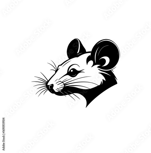 Vector illustration of a minimalist black and white rat head logo design. Modern animal emblem with clean lines, perfect for mascot, branding, or symbol.