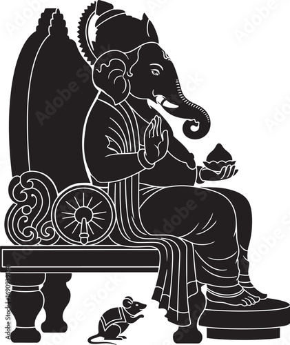 Ganesha Seated on Throne Holding Modak and Rat Companion Hindu god elephant head