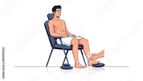 Man sitting in a chair with weights attached to his ankles and a towel around his waist undergoing physical therapy or rehabilitation exercises