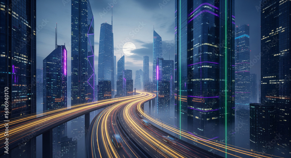 Naklejka premium Futuristic City Network Background with Digital Connections and Smart Technology Concept,
