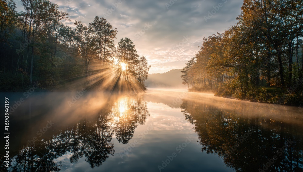Obraz premium Sunrise over a misty river (1)