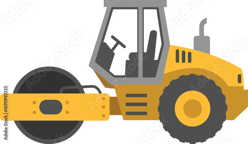 Yellow road roller compacting asphalt on construction site during daytime, showcasing heavy machinery and infrastructure development, conveying progress.