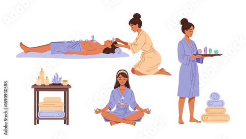 A serene spa scene featuring individuals receiving treatments and relaxing highlighting wellness and self care with natural elements and calming ambiance