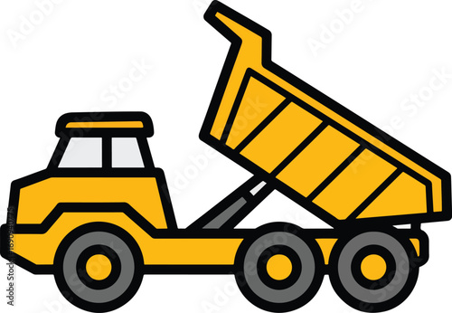 Yellow dump truck raising its bed to unload cargo at a construction site, symbolizing industry and hard work in a simple, clean style.