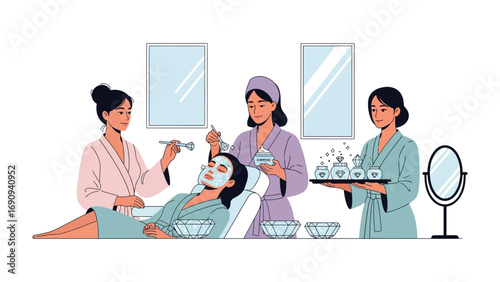 Three women in a spa setting applying facial masks and treatments to a reclining client for a relaxing beauty and wellness experience
