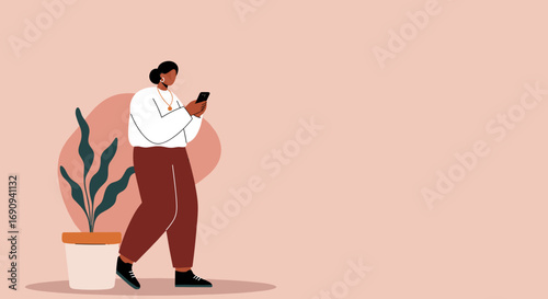 Illustration of a person walking while using a smartphone. Represents mobile communication, modern technology, and daily lifestyle. Useful for business, tech, and social media projects.