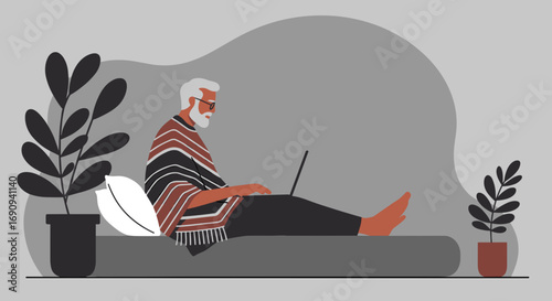 An older man with a beard comfortably works on his laptop at home, surrounded by plants. Represents remote work, modern lifestyle, and digital connectivity.