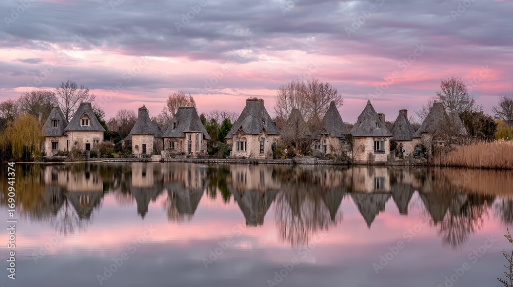 Fototapeta premium Row of quaint cottages reflected in a tranquil pond at dawn