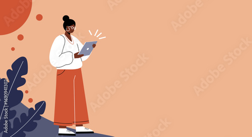 Stylish woman uses a tablet for communication and digital work, reflecting modern connectivity and remote lifestyle. Ideal for technology, business, or educational concepts.