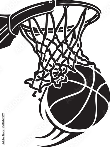 Black and White Illustration of a Basketball Going Through a Net hoop sport