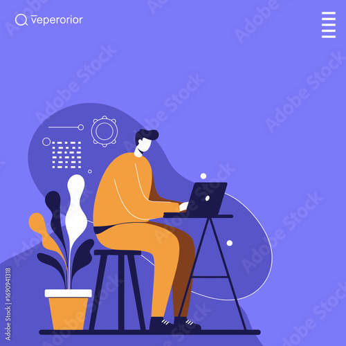 Modern flat design illustration of a man working diligently on a laptop from a home office or remote workspace, representing productivity, online learning, business, and digital lifestyle.