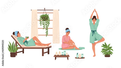 Relaxing spa scene with women enjoying wellness activities including yoga meditation and self care in a serene environment