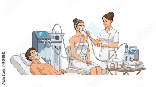 Nurse administering oxygen therapy to patients in medical setting with advanced respiratory equipment and monitoring devices