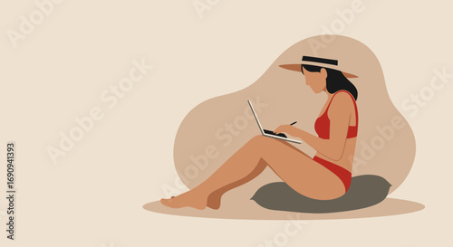 Woman in a bikini and straw hat working on her laptop in a relaxed setting, embodying remote work, digital nomad lifestyle, and vacation productivity. Ideal for travel, business, and tech concepts.