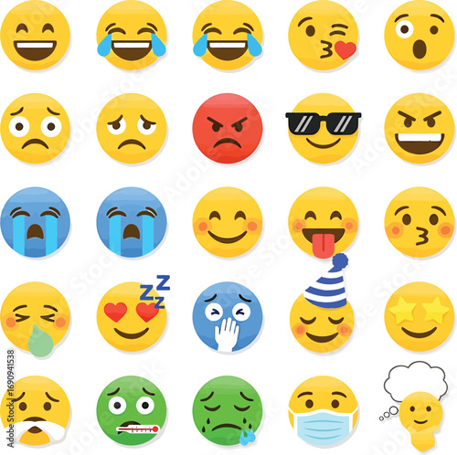 Comprehensive collection of colorful vector emoticons and smiley faces showing a diverse range of human emotions and expressions for digital communication