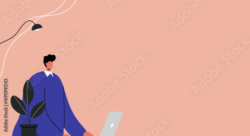 Illustration of a man working on a laptop in a modern home office setting, with a plant and lamp. Ideal for business, remote work, or technology concepts.