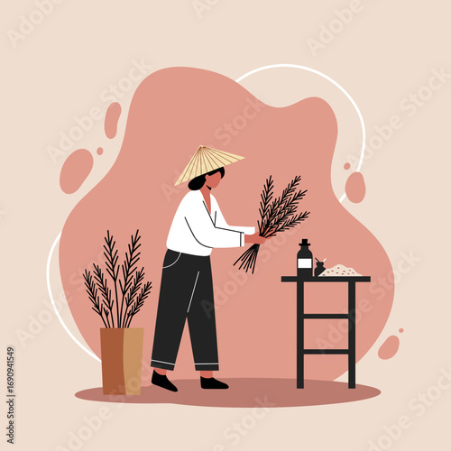 Woman in conical hat holding rice stalks, representing traditional agriculture and harvest. Ideal for food, farming, or cultural themes.