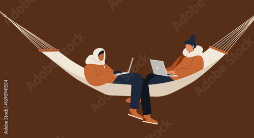 Relaxed individuals using laptops in a hammock, illustrating remote work, digital nomad lifestyle, and flexible career concepts. Ideal for business, travel, and leisure themes.