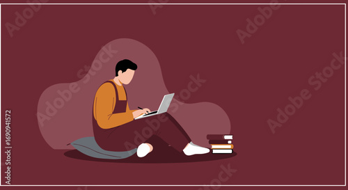 Person comfortably working on laptop with books nearby, representing remote work, online education, or freelance productivity in a relaxed home setting.