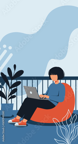 Person comfortably working on a laptop from a modern balcony, symbolizing remote work, flexible lifestyle, and productivity. Ideal for business and technology themes.