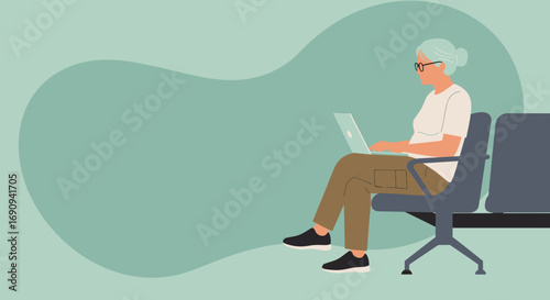 Senior woman with glasses sits focused, working on her laptop in a modern setting. Portrays active retirement, digital literacy, and online engagement.