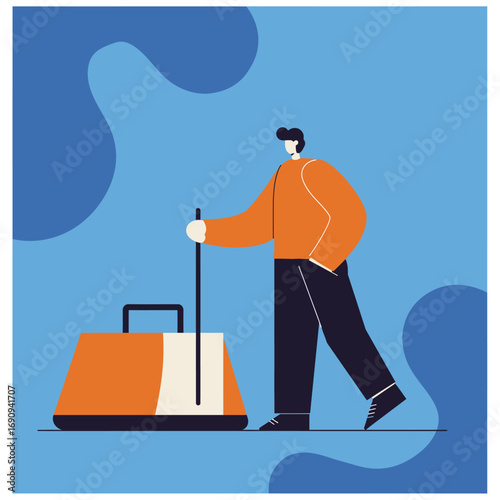 Stylized illustration of a person walking with a suitcase, ready for travel or a business trip. Represents journey, departure, and global mobility.