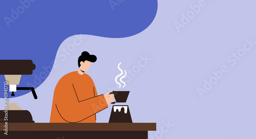 Man in orange shirt preparing hot coffee with a dripper and espresso machine in a cozy, minimalist setting. Perfect for lifestyle, morning routines, or coffee culture.