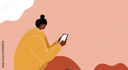 Young woman engrossed in her smartphone, connecting or browsing online. Represents digital lifestyle, communication, social media, and technology use.