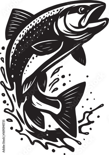 Black and white illustration of a salmon jumping from splashing water fish leaping