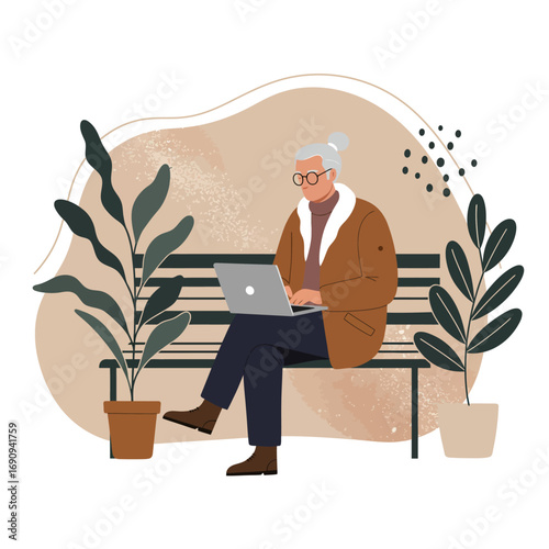Stylish senior working remotely on a laptop from a park bench, surrounded by plants. Modern elder embracing technology for business or leisure.