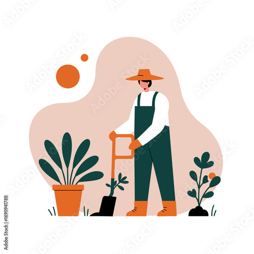 A diligent gardener planting a new seedling with a shovel, surrounded by lush plants. Ideal for themes of nature, growth, hobby, and sustainable lifestyle.